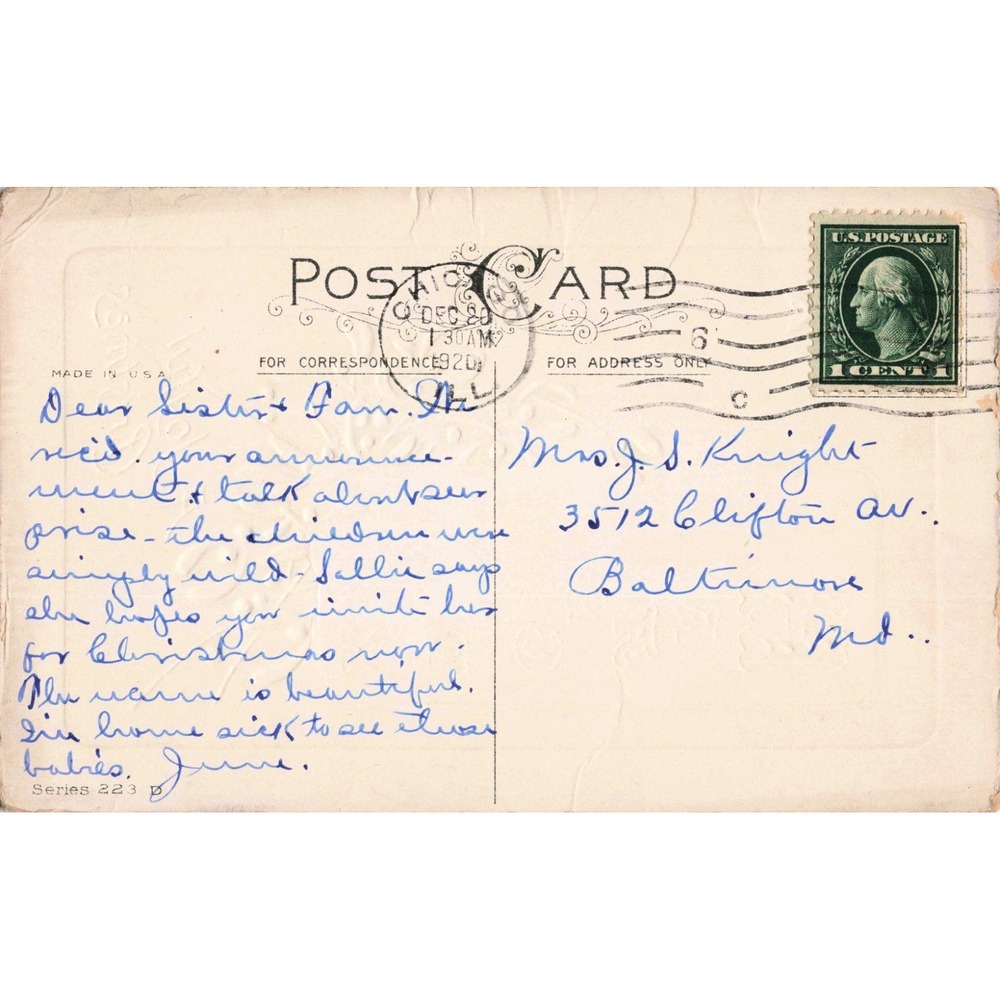 Vintage 1920 Christmas Postcard Hark the Herald Angels Sing Mistletoe 1c Stamp - Picture 2 of 2